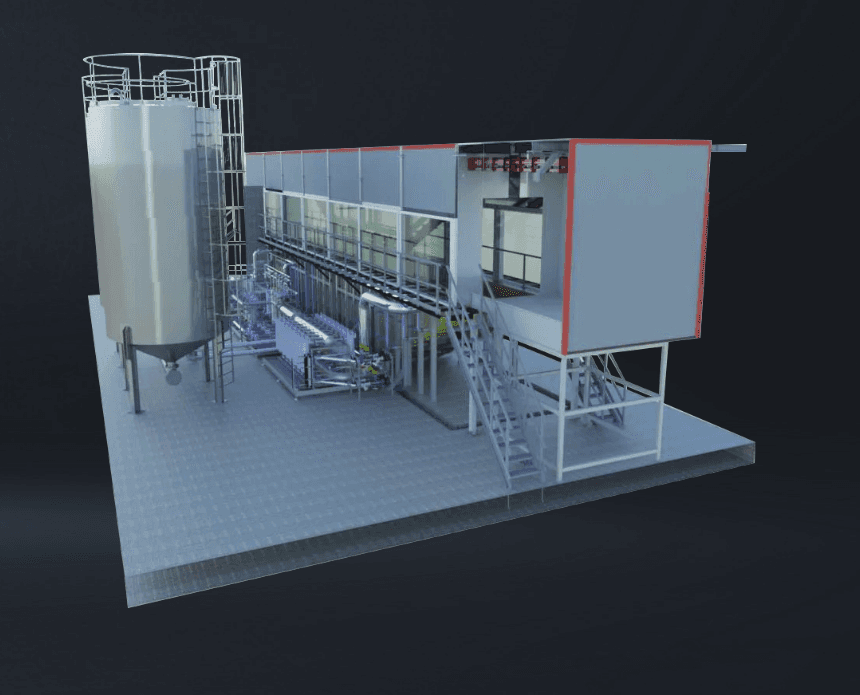 3D rendering of an Electron cataphoresis immersion tank system with mezzanine platform