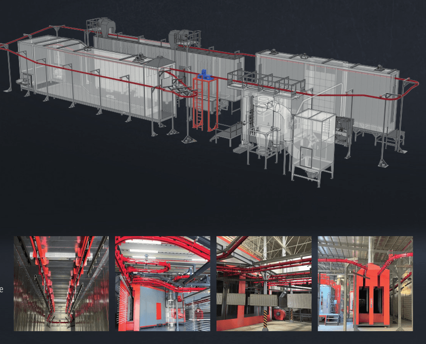 3D rendering of an Electron overhead conveyor rail system, with facility installation photos below