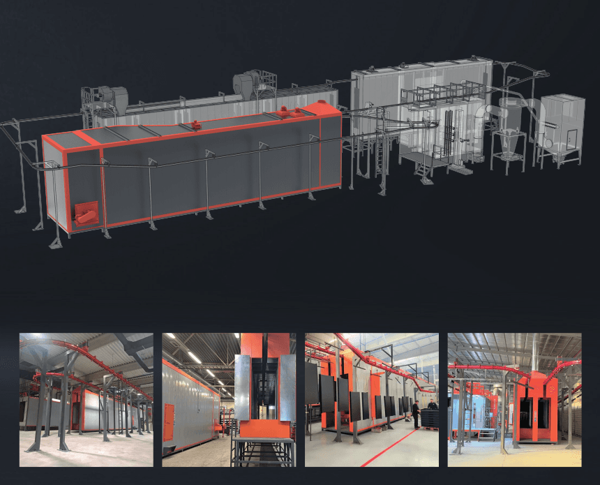 3D rendering of an Electron drying and curing oven line, with facility installation photos below