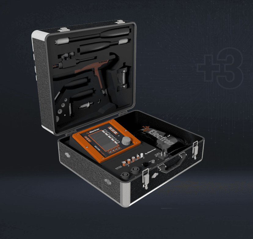 Electron E-COAT+3 LAB BI-C control unit and gun packed in a carrying case