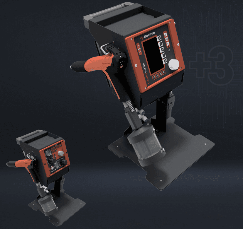 Electron E-COAT+3 LAB DI tabletop control unit with gun mounted on a stand, two sizes shown