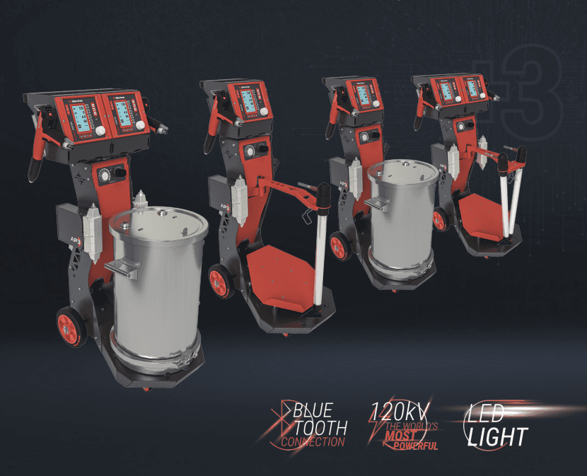 Four Electron E-COAT+3 MASTER P3 powder coating control units with hoppers on mobile carts