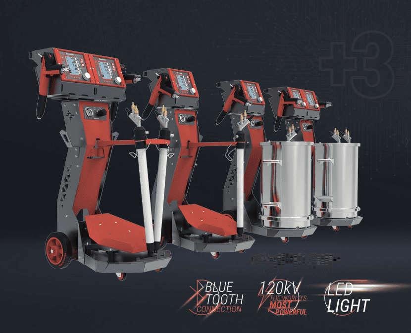 Four Electron E-COAT+3 MASTER powder coating control units mounted on mobile carts