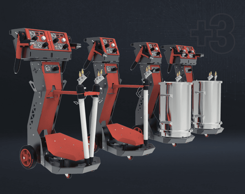 Electron E-COAT+3 PRO powder coating control unit with gun and powder hopper, two sizes shown