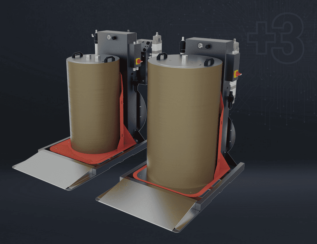 Two Electron BARREL-based powder feed drums with tilt frames