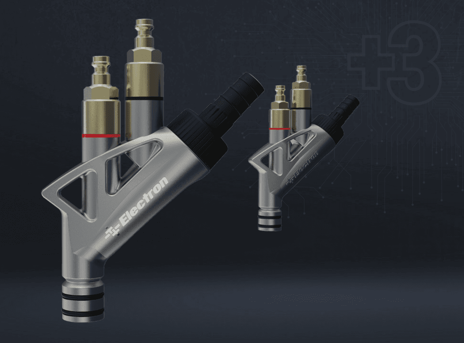 Two Electron E-FEED+3 INJ powder coating injectors, one full-size and one compact