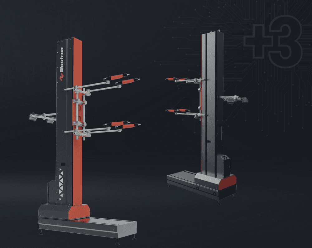 Two Electron E-ROBOT+3 X horizontal-axis reciprocators with mounted guns
