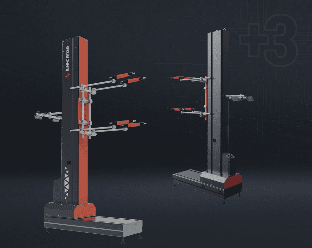 Two Electron E-ROBOT+3 Z vertical-axis reciprocators with mounted guns