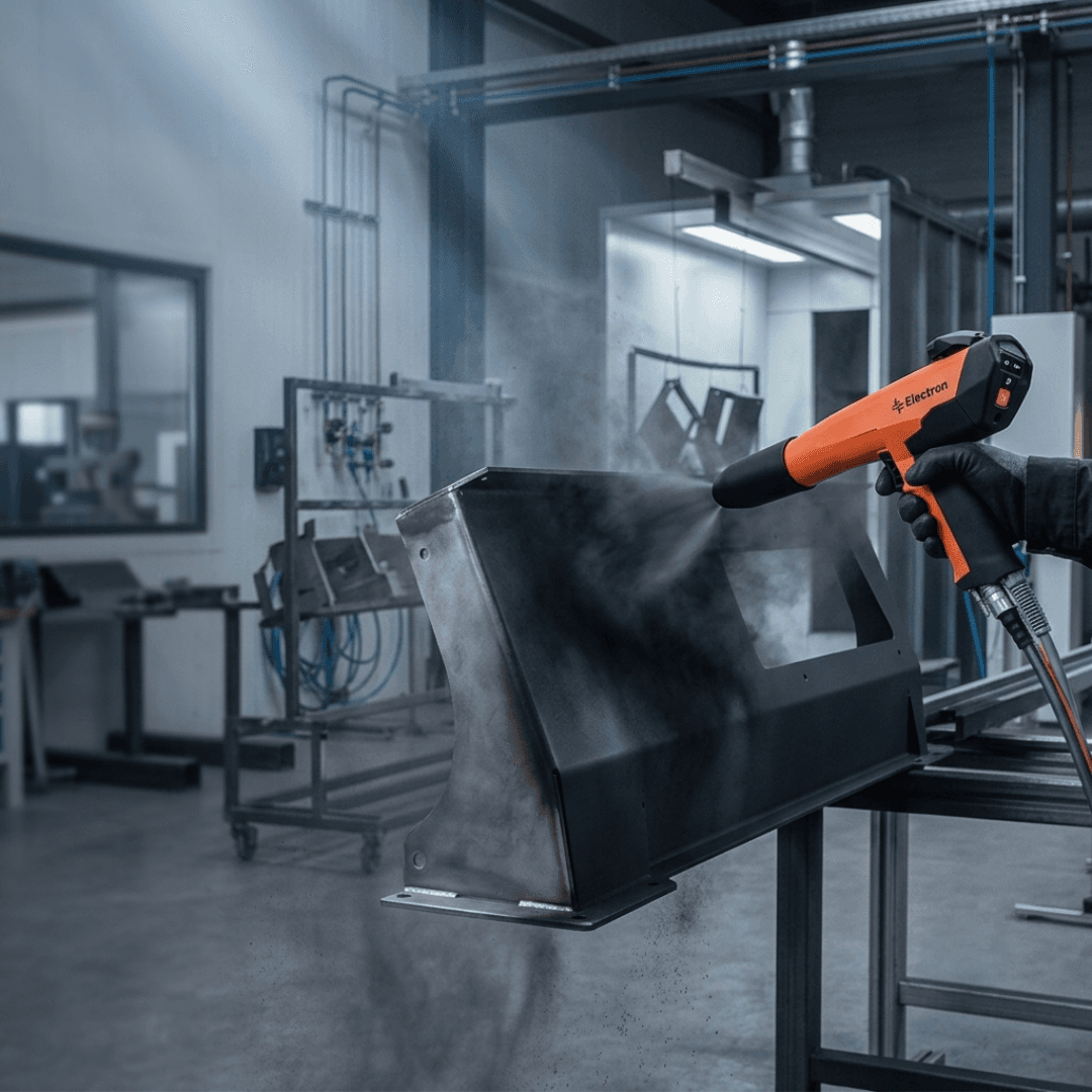 Electron powder coating gun applying finish to a part inside a spray booth