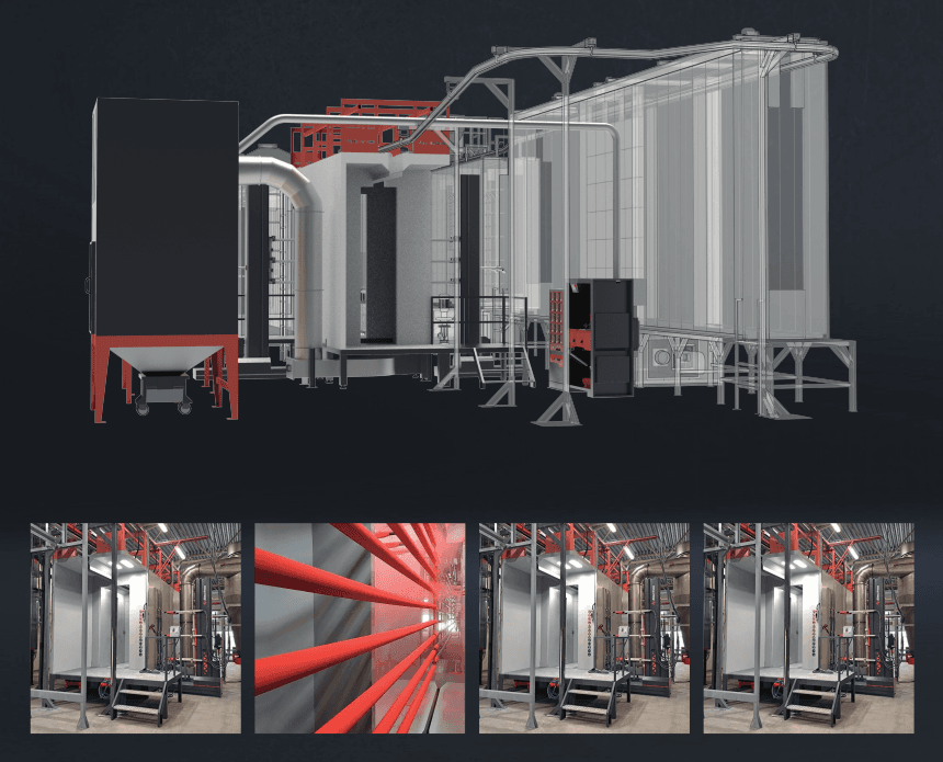 3D rendering of an Electron powder coating booth line with overhead conveyor and cyclone recovery, with facility installation photos below