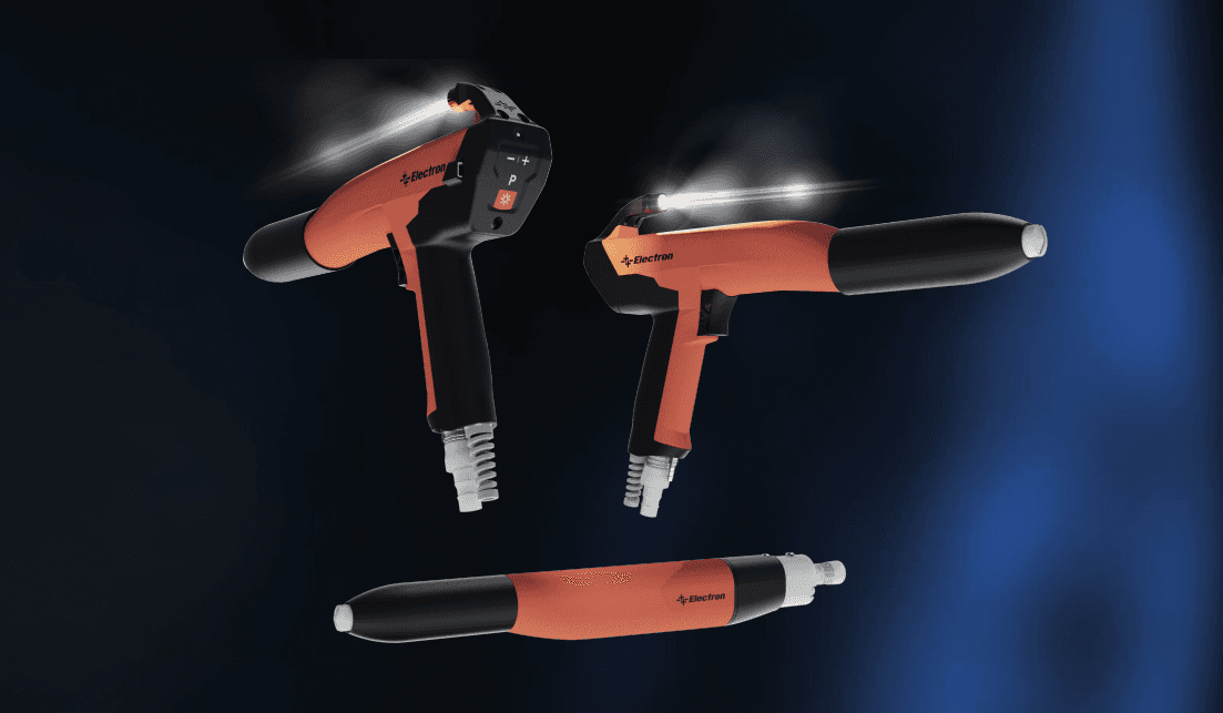 Two Electron E-GUN+3 manual powder coating guns and one automatic gun barrel