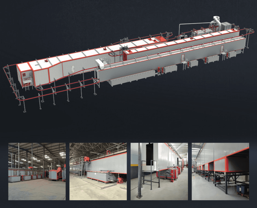 3D rendering of an Electron pretreatment tunnel line, with facility installation photos below