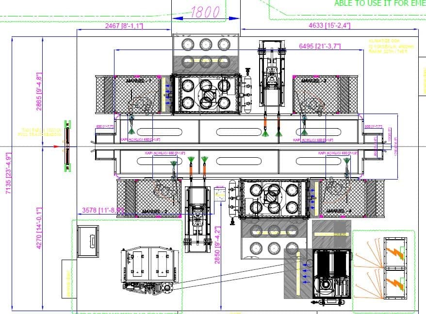Engineering drawing of a powder coating booth layout