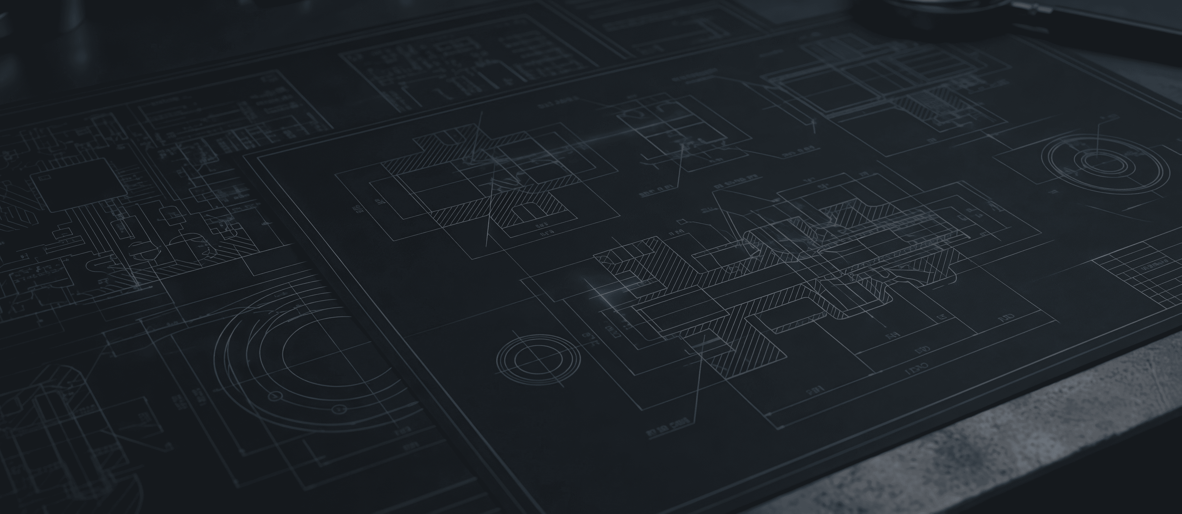 Technical engineering drawing rendered over a dark surface