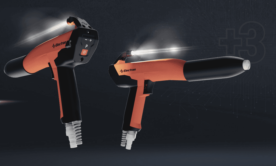 Two Electron E-GUN+3 C1 manual powder coating guns, one with a display panel